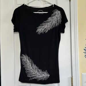 Black Short Sleeve Top with Silver rhinestone and embroidered Accents